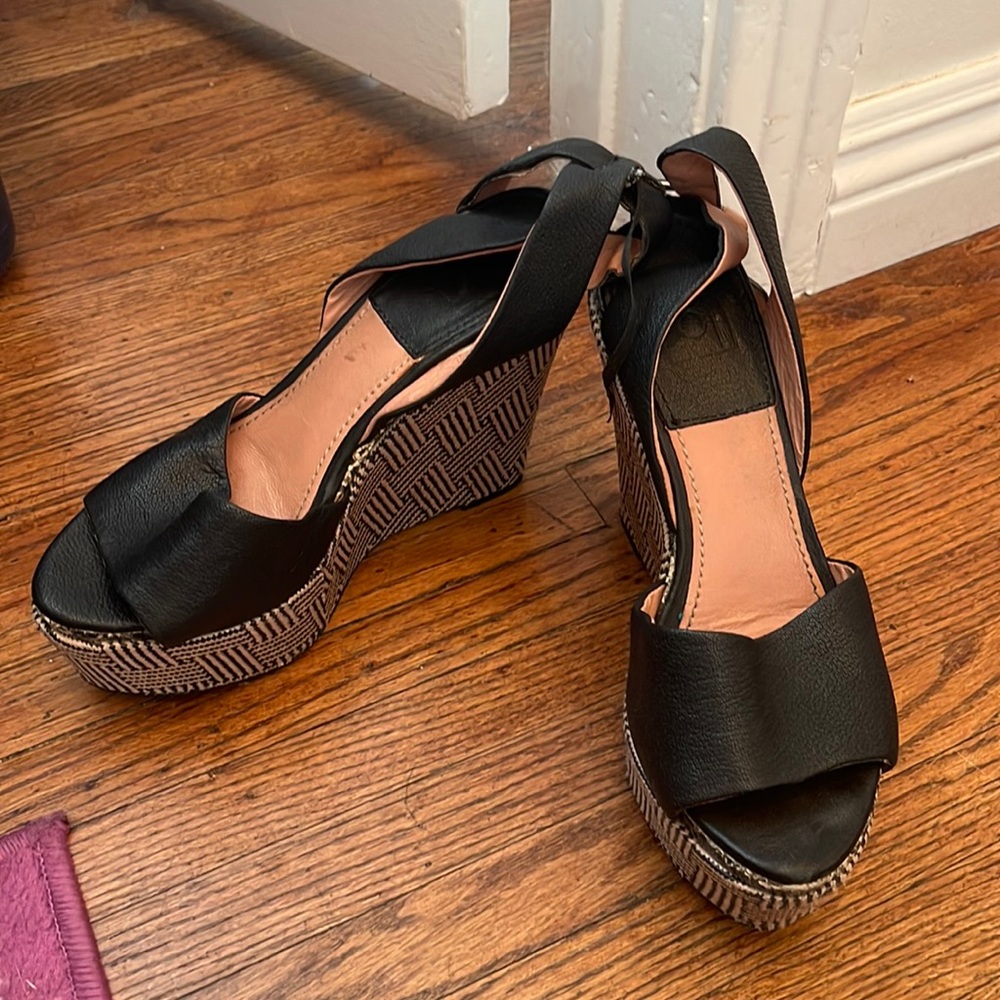 4 1/4” Black Leather & Rattan Sexy Strappy Platform Wedges